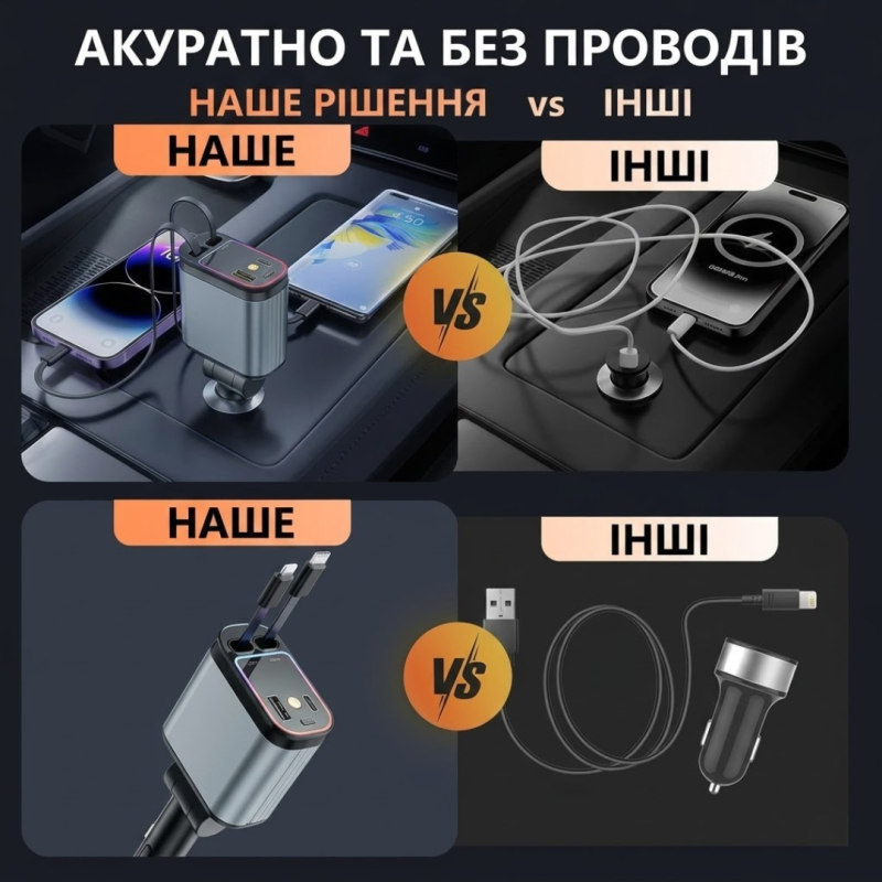 Автомобільний адаптер 4в1 для прикурювача, швидка зарядка, чорний корпус