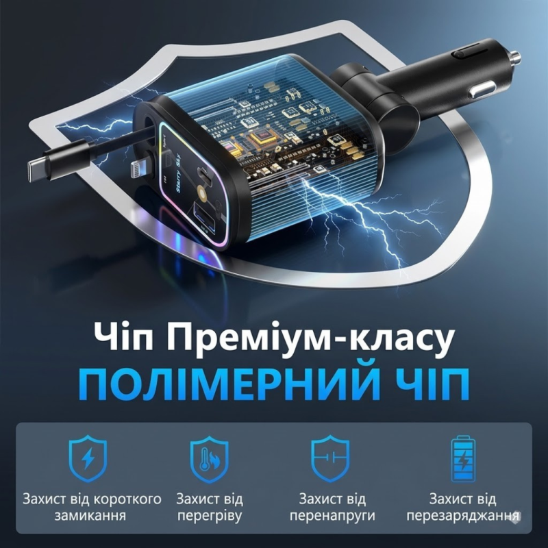 Автомобільний адаптер 4в1 для прикурювача, швидка зарядка, чорний корпус