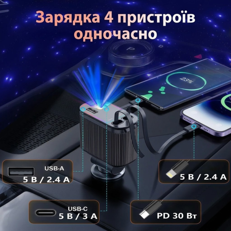 Автомобільний адаптер 4в1 для прикурювача, швидка зарядка, чорний корпус