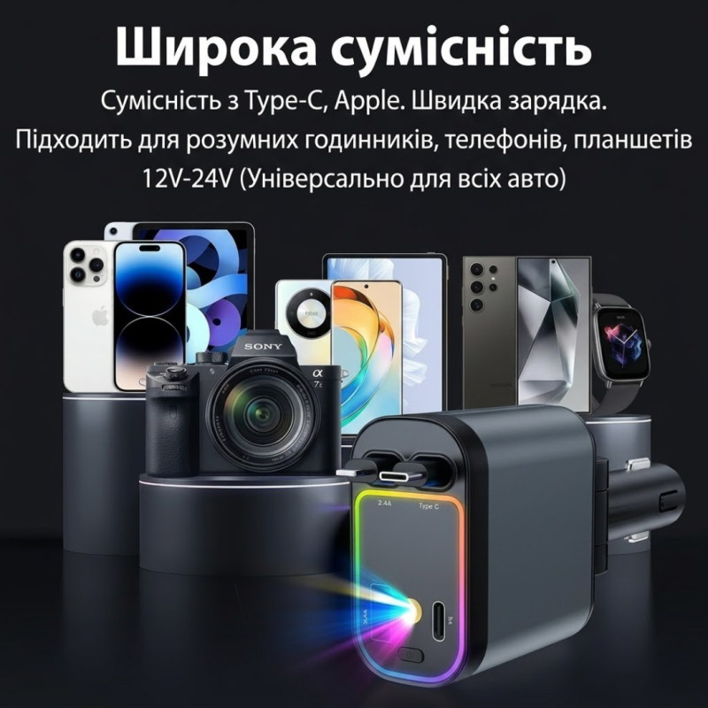 Автомобільний адаптер 4в1 для прикурювача, швидка зарядка, чорний корпус